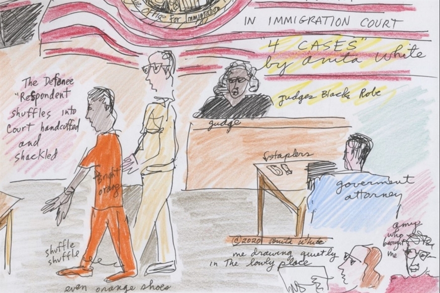 [ai] A courtroom sketch depicting an immigration court scene. A defendant in orange prison attire enters handcuffed, while a female judge in a black robe presides. A male attorney and a female government attorney are present. The background features an American flag.